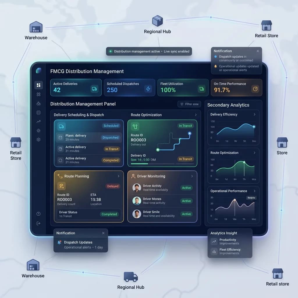 Distribution management panel with scheduled dispatches, route planning, driver monitoring and on-time performance charts