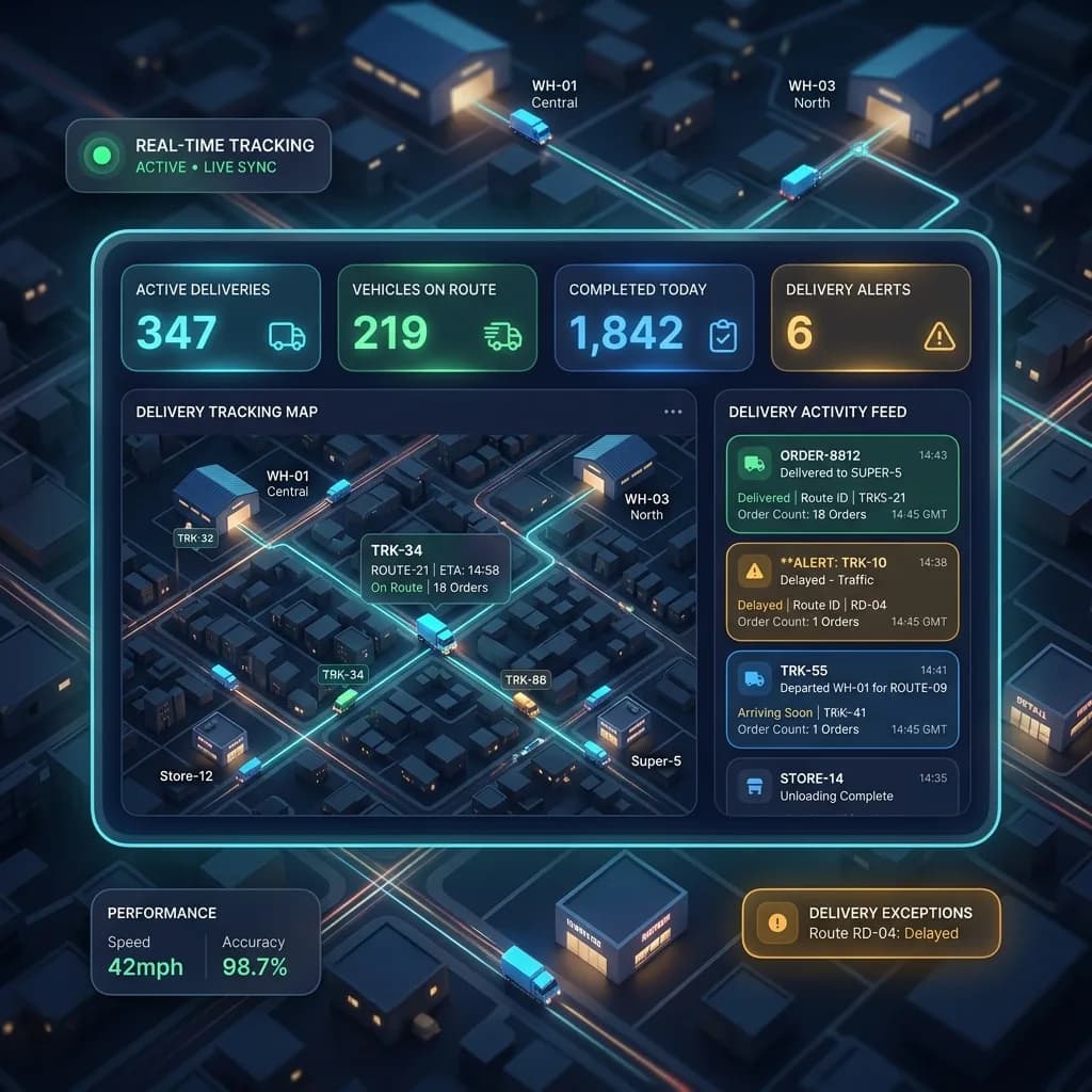Real-time delivery tracking map of trucks moving between warehouses and stores with an order activity feed