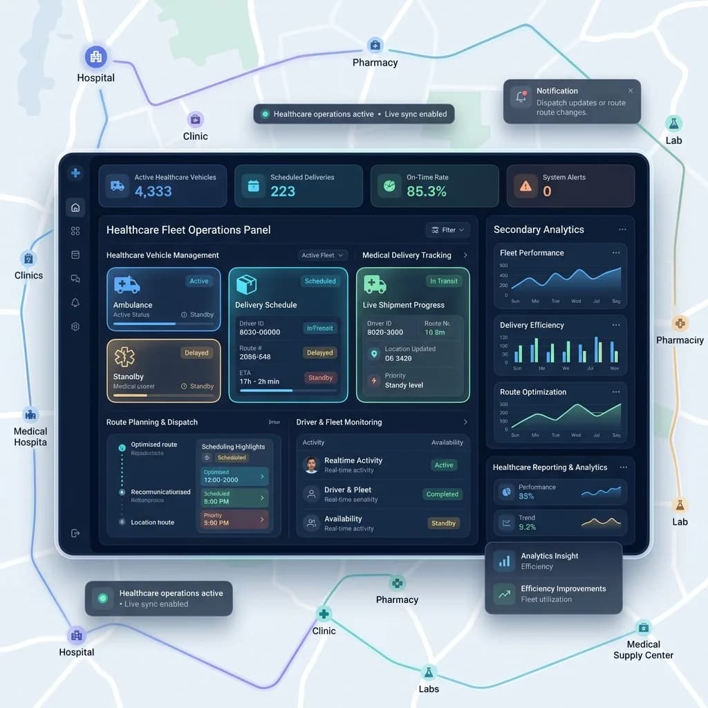 Healthcare fleet operations panel with ambulance status, delivery schedule, route dispatch and fleet analytics charts