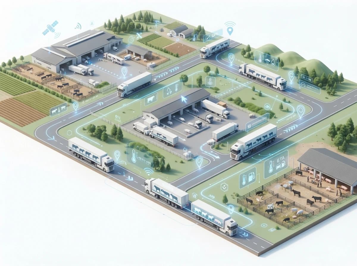 Livestock transport management software tracking cattle trucks between farms and holding yards with temperature and ETA