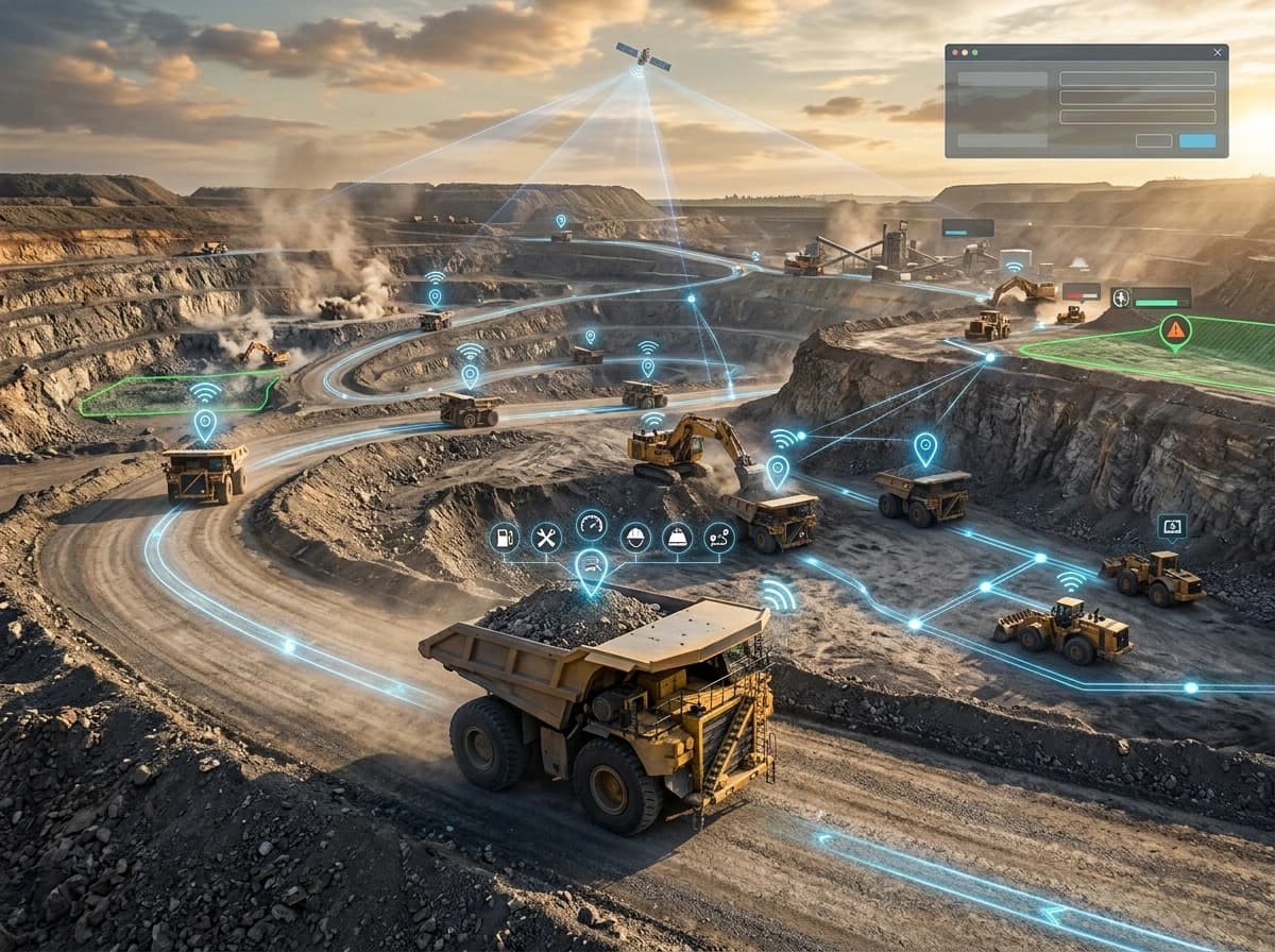 Mining fleet management software tracking dumpers, excavators and loaders across an open pit mine with geofenced zones