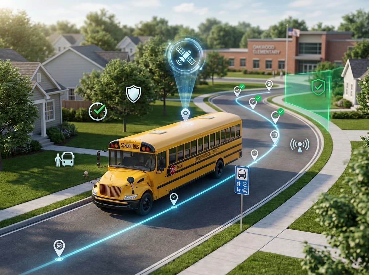 School bus tracking system showing a school bus on its route with GPS check-ins at each stop near the school