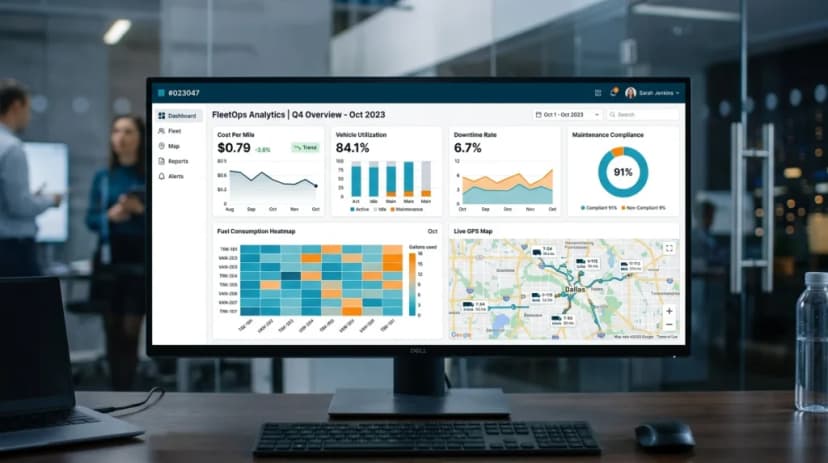 Fleet analytics dashboard with cost, vehicle utilization, downtime rate, maintenance compliance and a fuel heatmap