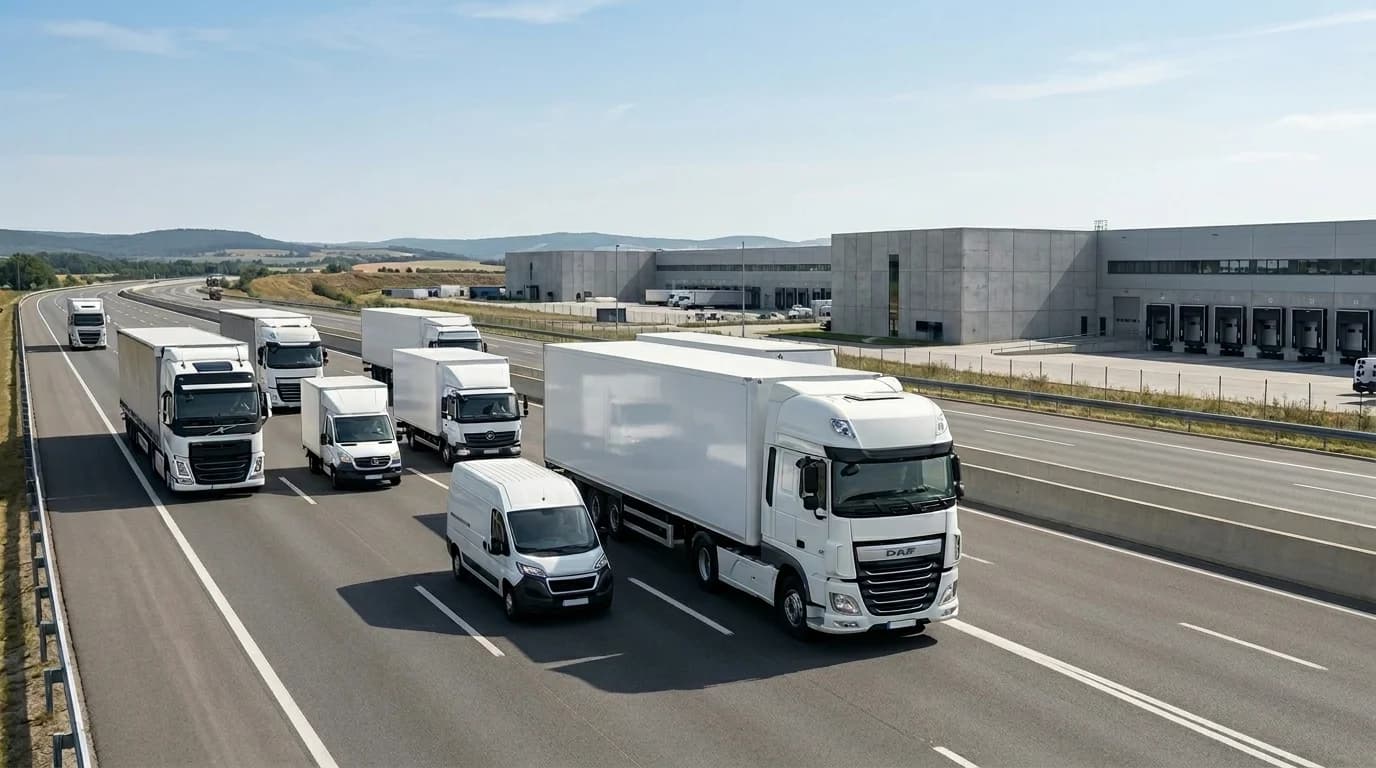 Reduce Fuel Cost across a fleet of white trucks and vans driving on a highway past a logistics warehouse