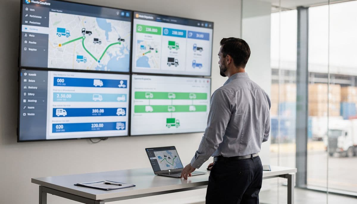 Load and dispatch efficiency dashboards on a video wall, with a fleet manager checking truck routes on a laptop