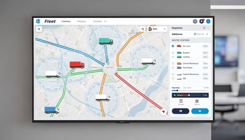 Dispatcher screen on a wall display showing trucks on colour-coded routes around depots, listing on route, loading and idle