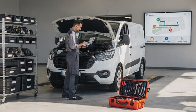Mechanic checking a tablet beside a white van with its bonnet open, near a screen showing maintenance due and fuel usage