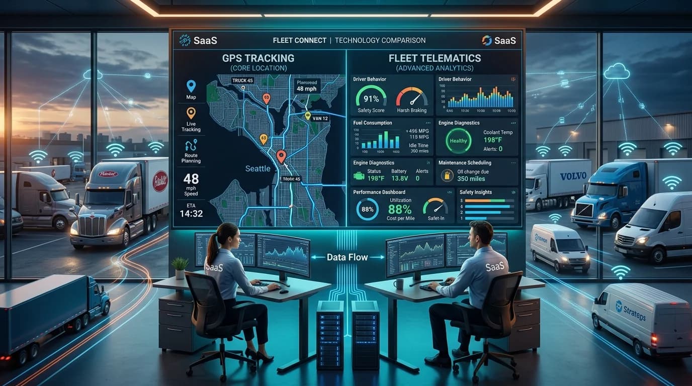 GPS Tracking vs Fleet Telematics screen with a live map on one side and driver, fuel and engine data on the other