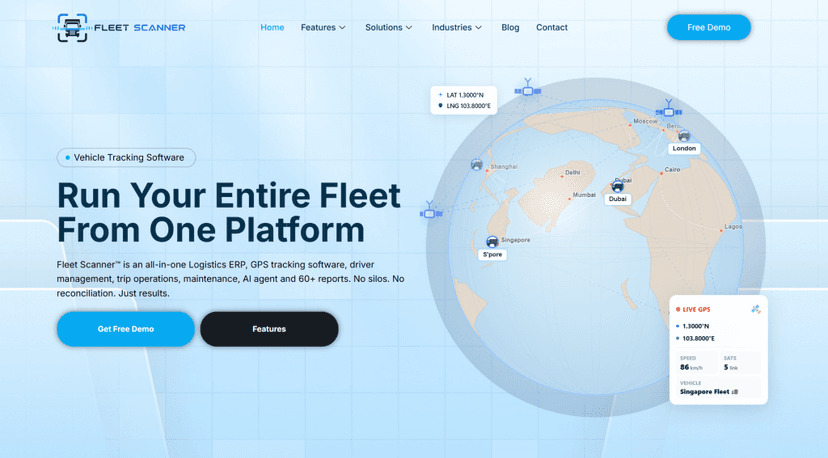 Fleet Scanner homepage with the headline Run Your Entire Fleet From One Platform and a globe of live GPS locations