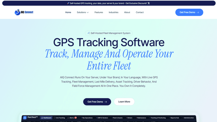 AIQ Connect homepage presenting self-hosted GPS tracking software that runs on your own server under your brand