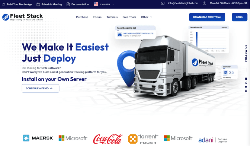 Fleet Stack homepage promoting self-hosted GPS software you install on your own server, with a branded truck