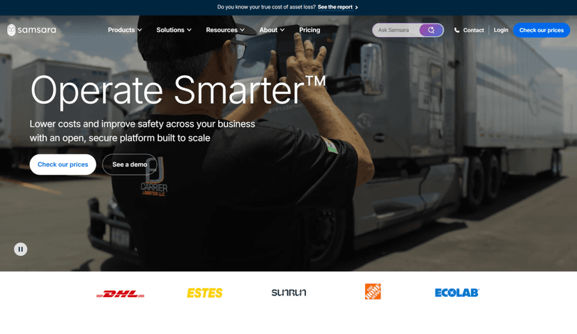 Samsara homepage with the Operate Smarter headline and a driver checking a tablet beside a truck