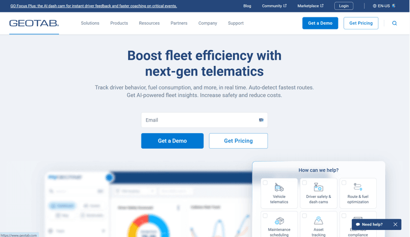 Geotab homepage with the headline Boost fleet efficiency with next-gen telematics and demo and pricing buttons