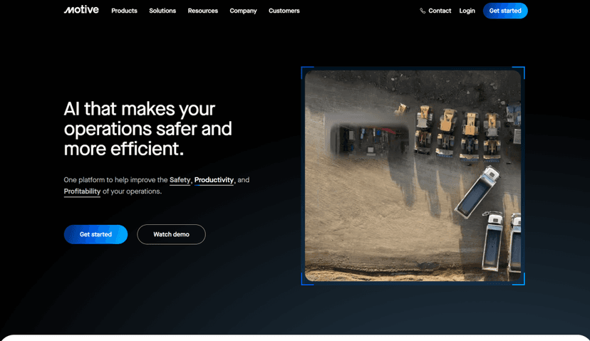 Motive homepage with the headline AI that makes your operations safer, beside an aerial view of trucks on a work site