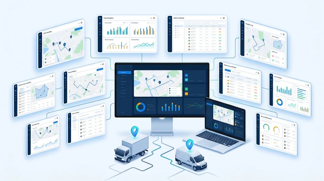 Traccar Alternative platforms shown as a central dashboard surrounded by GPS tracking, fuel analytics and geofencing screens