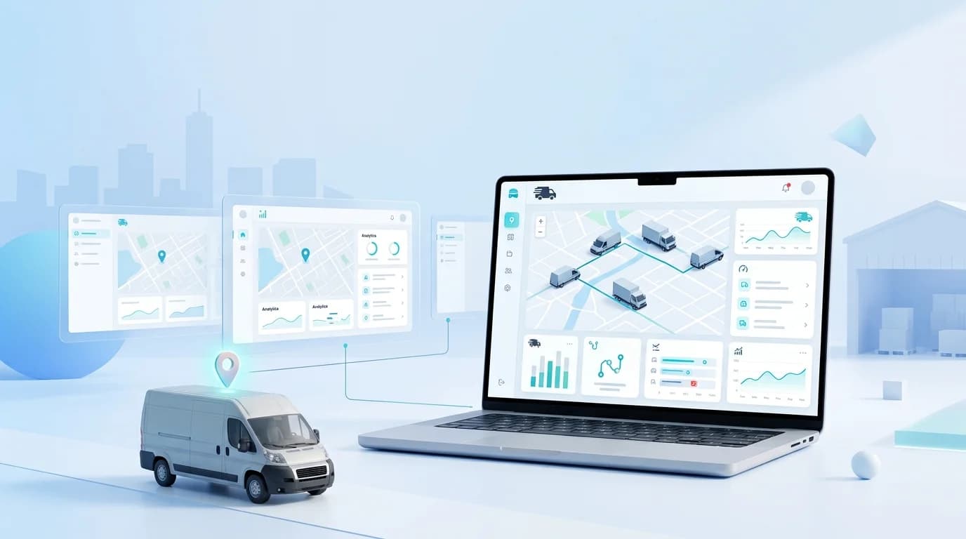 Wialon Alternative fleet tracking dashboard on a laptop with a live truck map and analytics, next to a GPS-tagged van