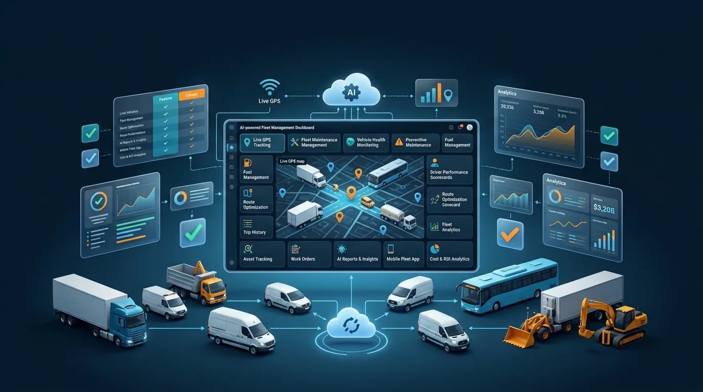 Fleetio Alternative fleet dashboard with live GPS, maintenance, work orders and a feature comparison checklist