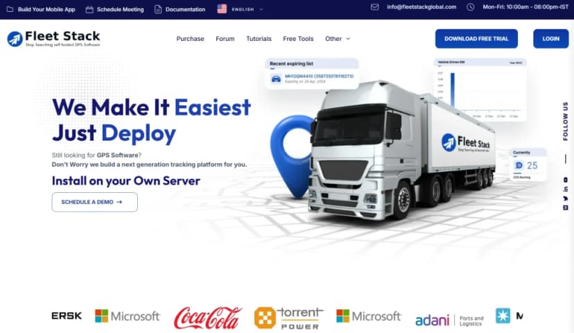 Fleet Stack homepage with the headline We Make It Easiest Just Deploy, offering self-hosted GPS software, beside a truck