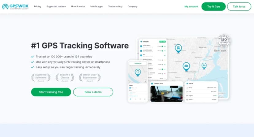 GPSWOX homepage with the headline #1 GPS Tracking Software, a map of tracked objects, a camera view and an alerts panel