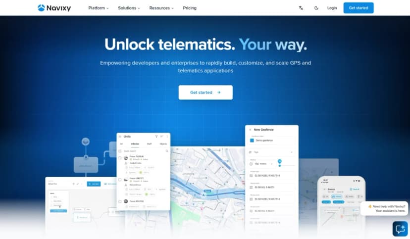 Navixy homepage with the headline Unlock telematics. Your way. above units list, map and new geofence panels