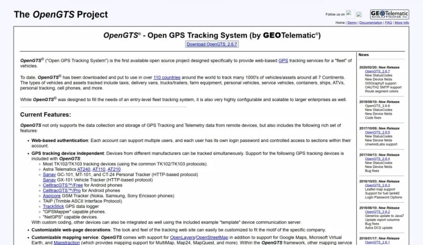 OpenGTS project page describing the open source GPS tracking system, its features and supported tracking devices