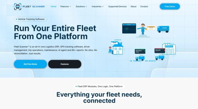 Fleet Scanner homepage with the headline Run Your Entire Fleet From One Platform and Get Free Demo and Features buttons