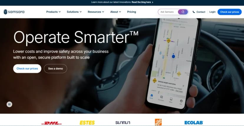 Samsara homepage with the headline Operate Smarter and a driver holding a phone map showing a height restriction alert