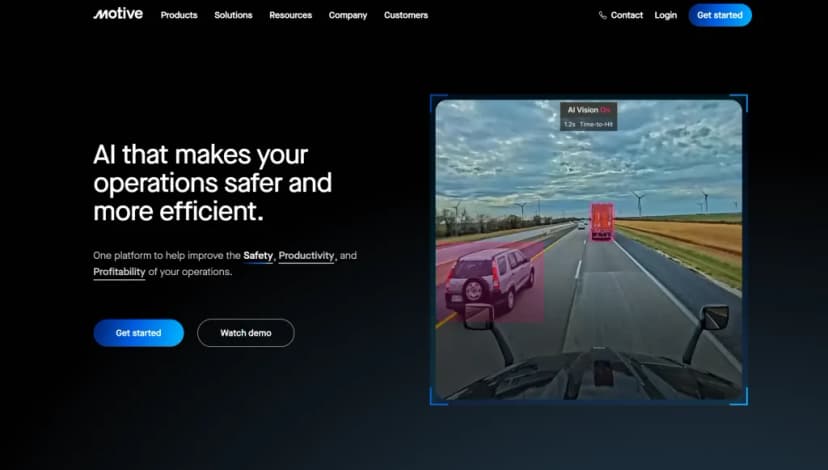Motive homepage with the headline AI that makes your operations safer and a dash cam view with AI Vision marking vehicles
