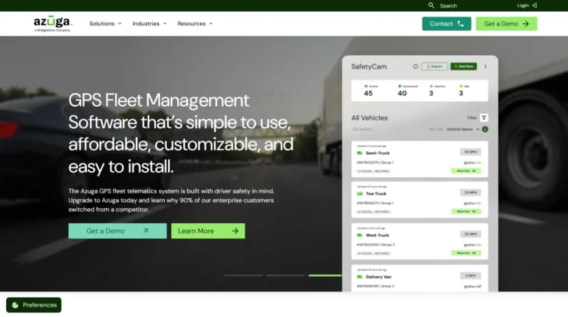 Azuga homepage for GPS fleet management software with a SafetyCam panel listing vehicles, speeds and ignition status