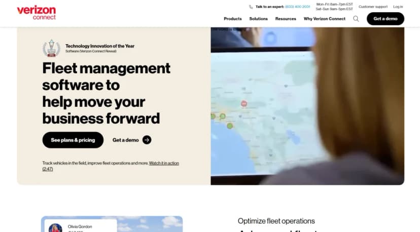 Verizon Connect homepage with the headline Fleet management software to help move your business forward and a map view