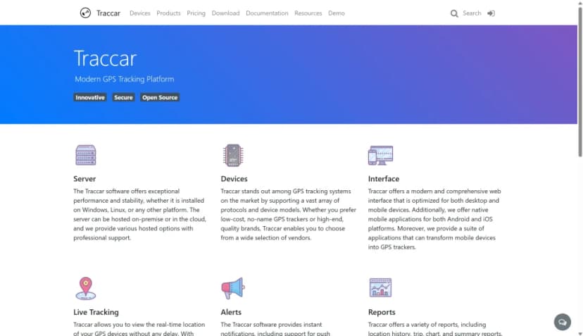 Traccar homepage for its open source GPS tracking platform, with sections on server, devices, interface and live tracking