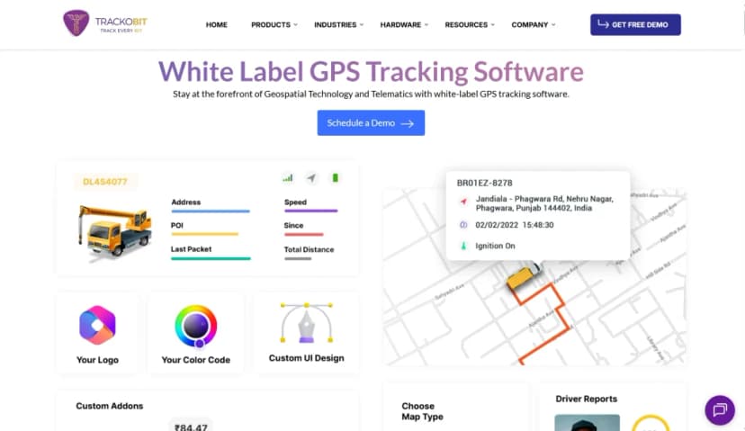 Trackobit page for white label GPS tracking software with a vehicle info card, a route map and logo and colour options