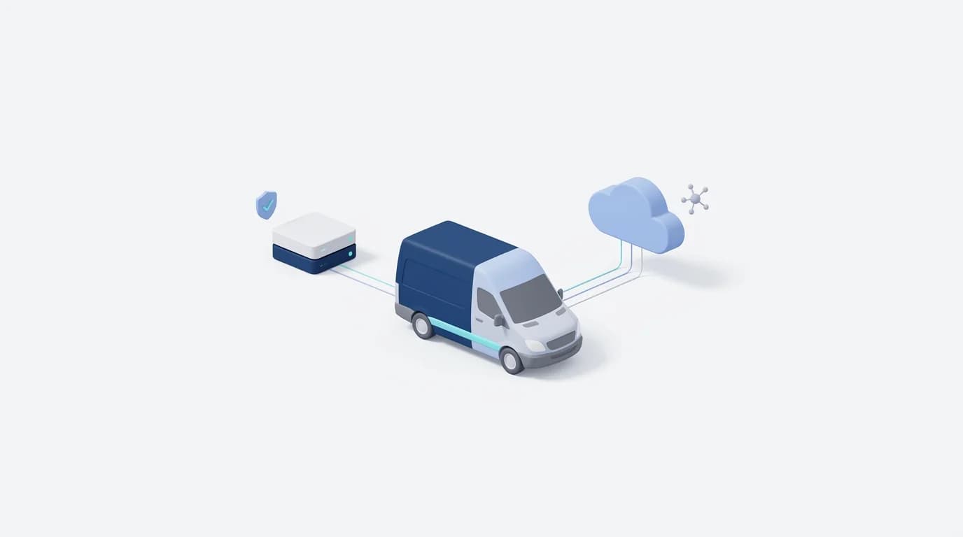 Cloud Fleet Management illustration of a delivery van linked to an on-site server on one side and a cloud on the other