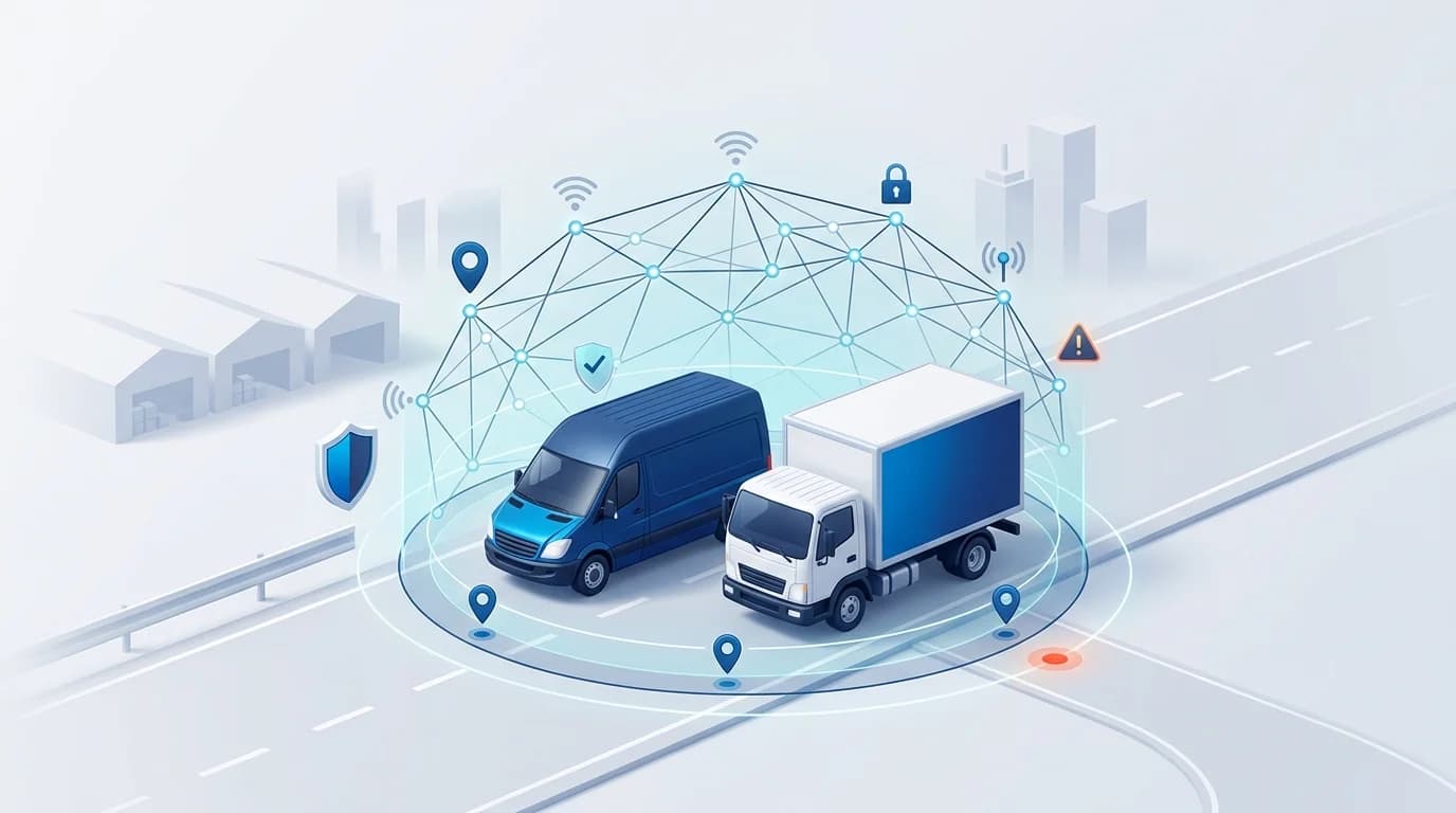 Fleet Management Security illustration of a van and truck inside a protective network dome with lock and shield icons