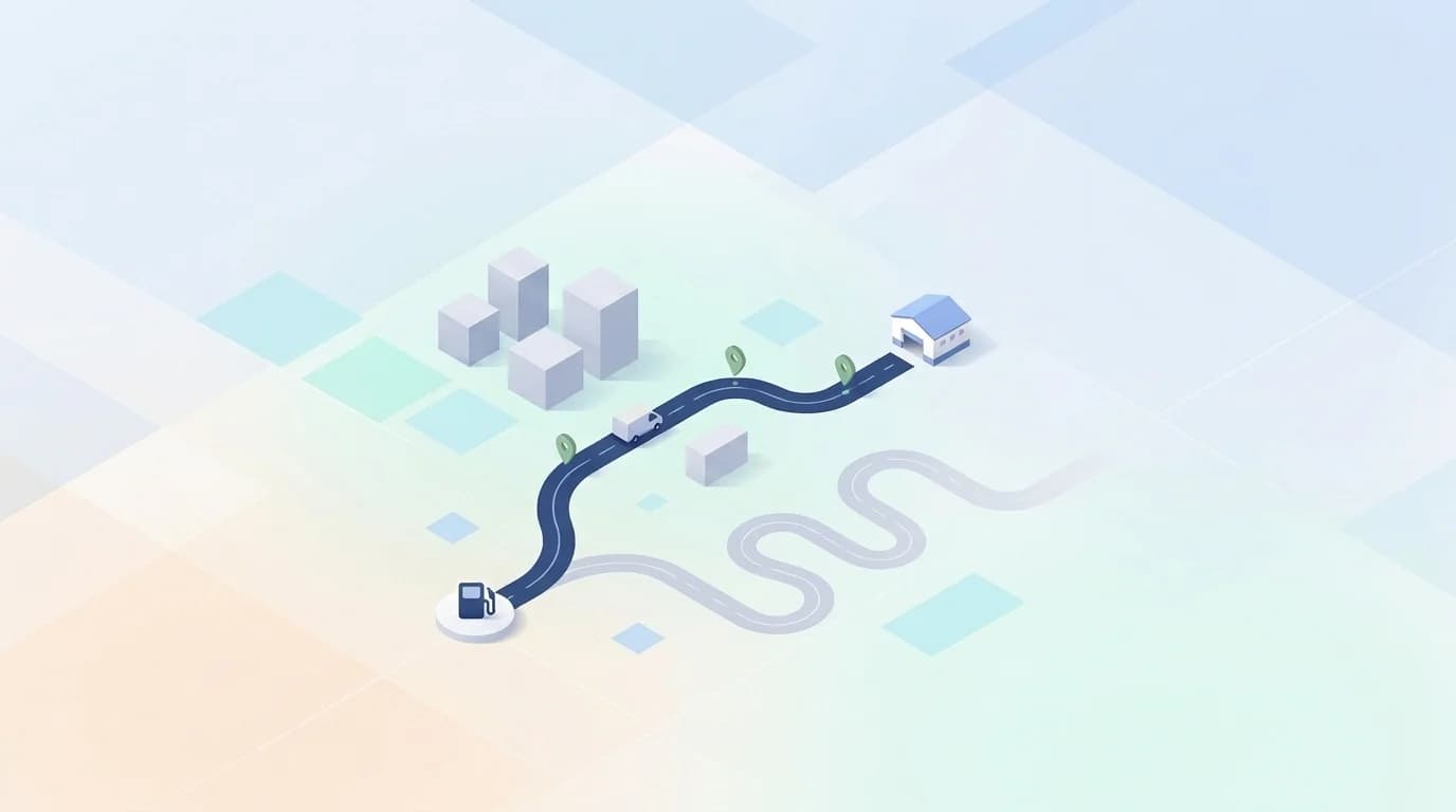 Route Optimization Software illustration of a van on a direct route from a fuel stop to a warehouse beside a winding one