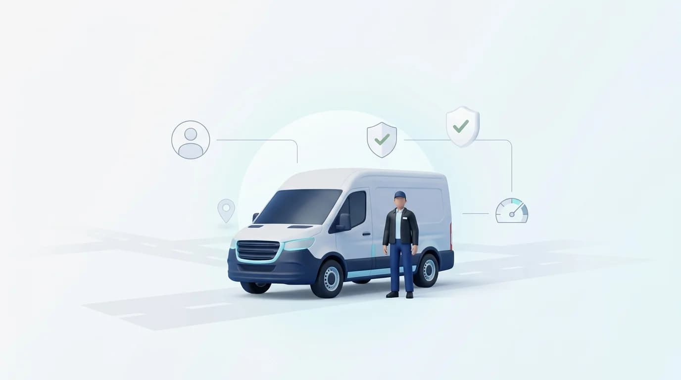 What Is Driver Management Software illustrated by a driver beside a delivery van with profile, safety and speed icons