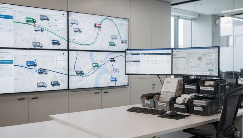 Dispatch office with a video wall of truck route maps, two desk monitors showing order data and trays of paperwork